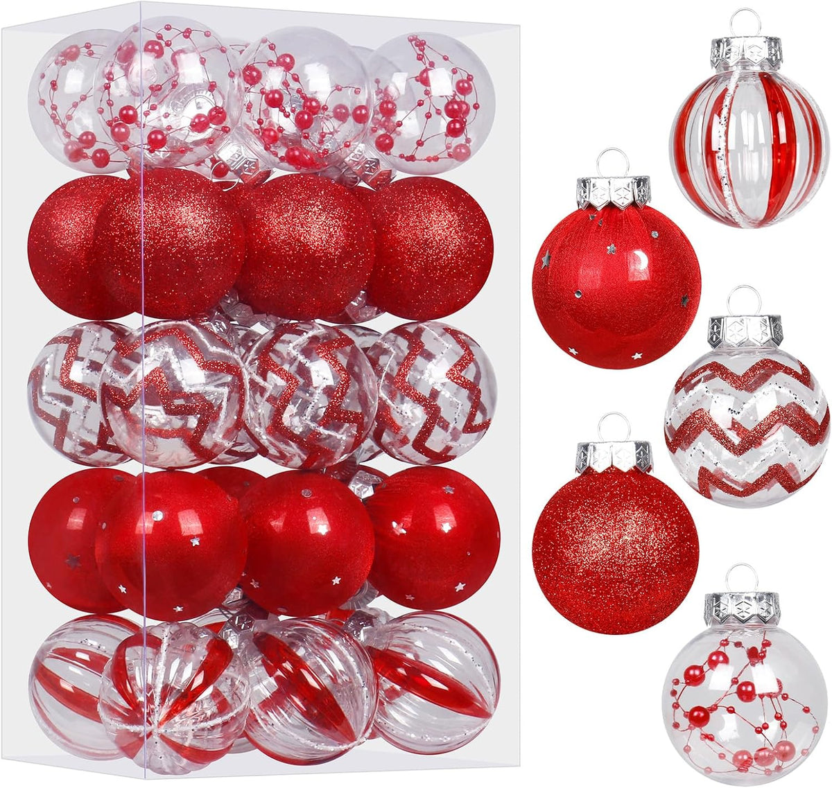 30PCS Red Clear Christmas Ball Ornaments Set for Xmas Tree Decorations
