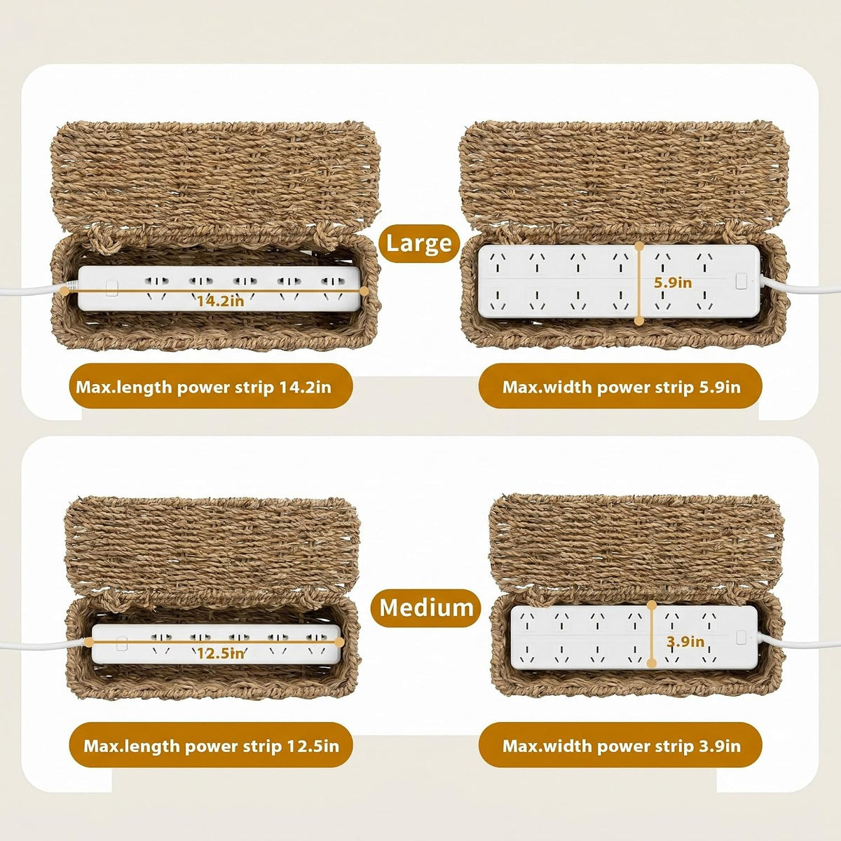 2 Pack Handwoven Cable Management Box with Lid, Decorative Cord Organizer for Power Strips, Chargers, TV Wires, Desk, Home & Office Storage, Natural Sea Grass