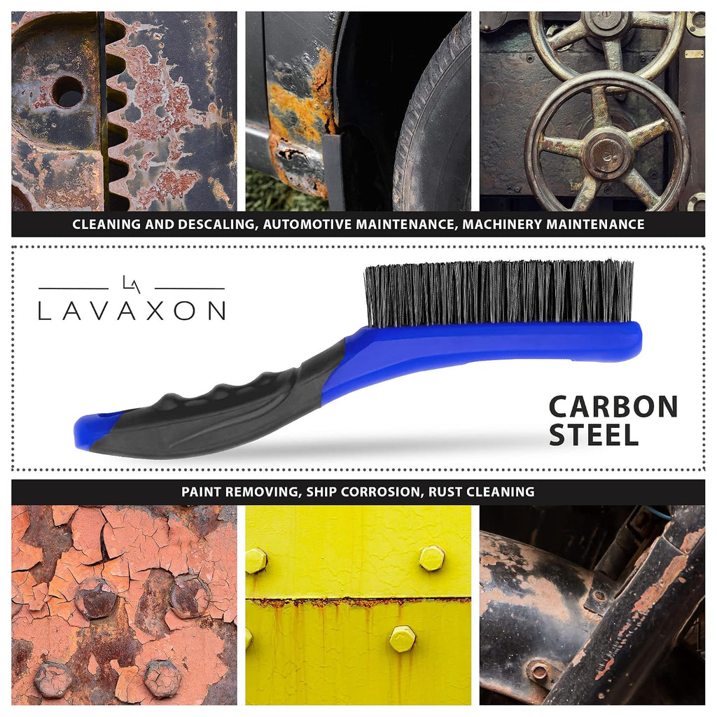 Lavaxon Wire Brush Set-Heavy Duty Stainless & Carbon Steel Bristles with Plastic Handle Grip for Rust, Wielding Slag, Dirt & Paint Scrubbing with Deep Cleaning – 10 Inches (Pack of 2-Blue)