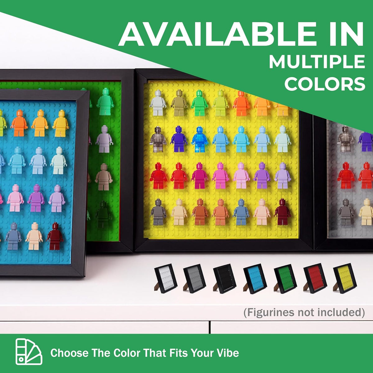 Tapeera Black Wooden Minifigure Display Case - Memorabilia Display Case for Figures - 11 x 11 Inch Shadow Box Frame - For Wall and Table Top With Dust Protection - Holds Up To 28 Figures (Yellow Base)
