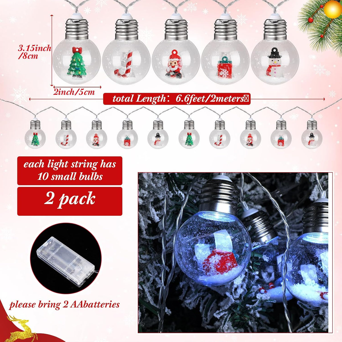 Aurelema 2 Pcs Christmas Bulb String Lights Snow Globe Lamp, White Light