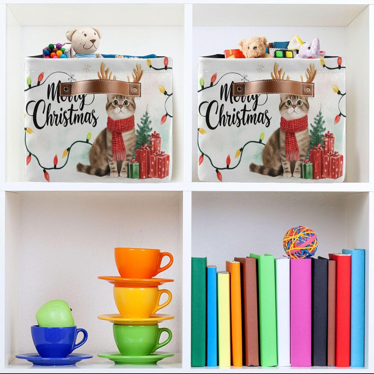 Wamika Christmas Cats Kitty Storage Basket with Waterproof Liner and PU Handles Xmas Tree Reindeer Storage Bins Boxes 14.2" Collapsible Decorative Organizer Baskets for Bedroom Closet Office 1 Pack