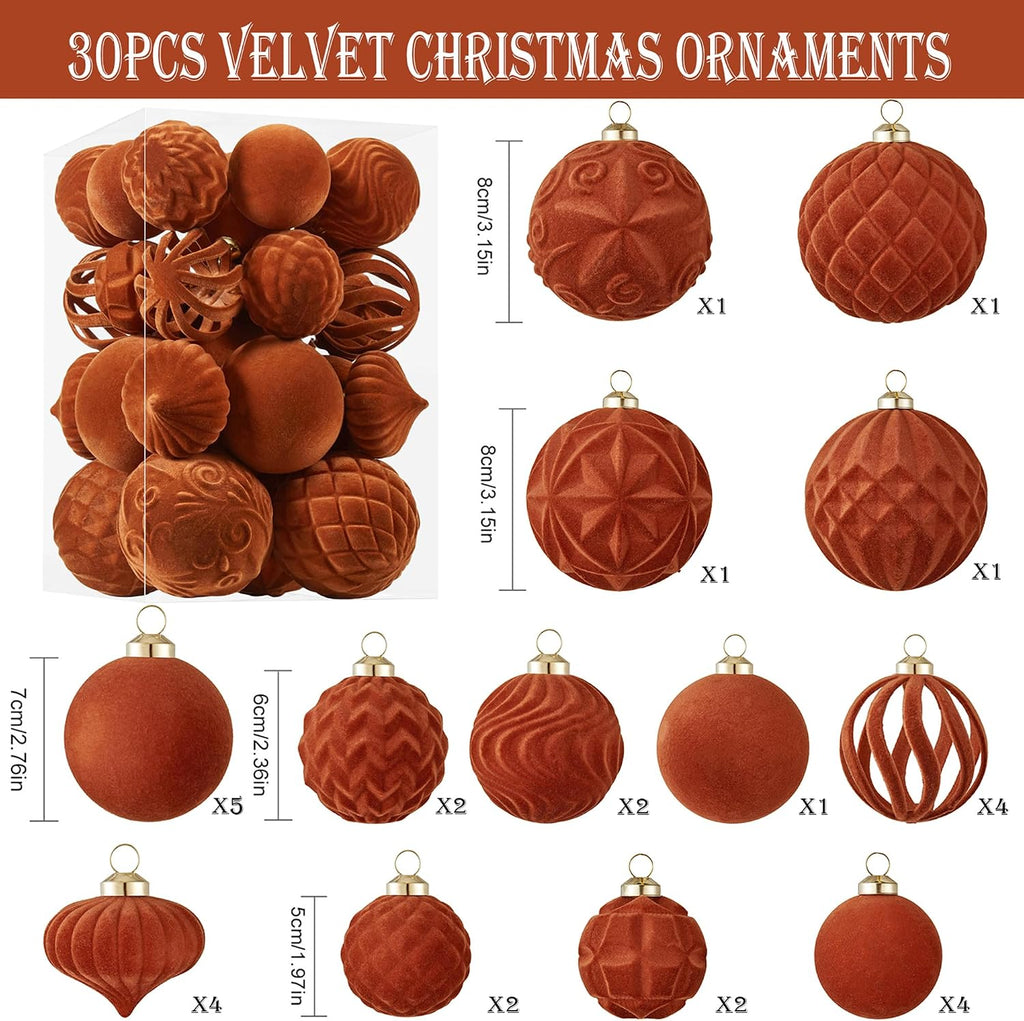 30pcs Velvet Christmas Ball Ornaments, Flocked Shatterproof Christmas Ornaments Hanging Xmas Tree Decorations Set for Home Party Holiday Decor (Multi-Size, Orange)