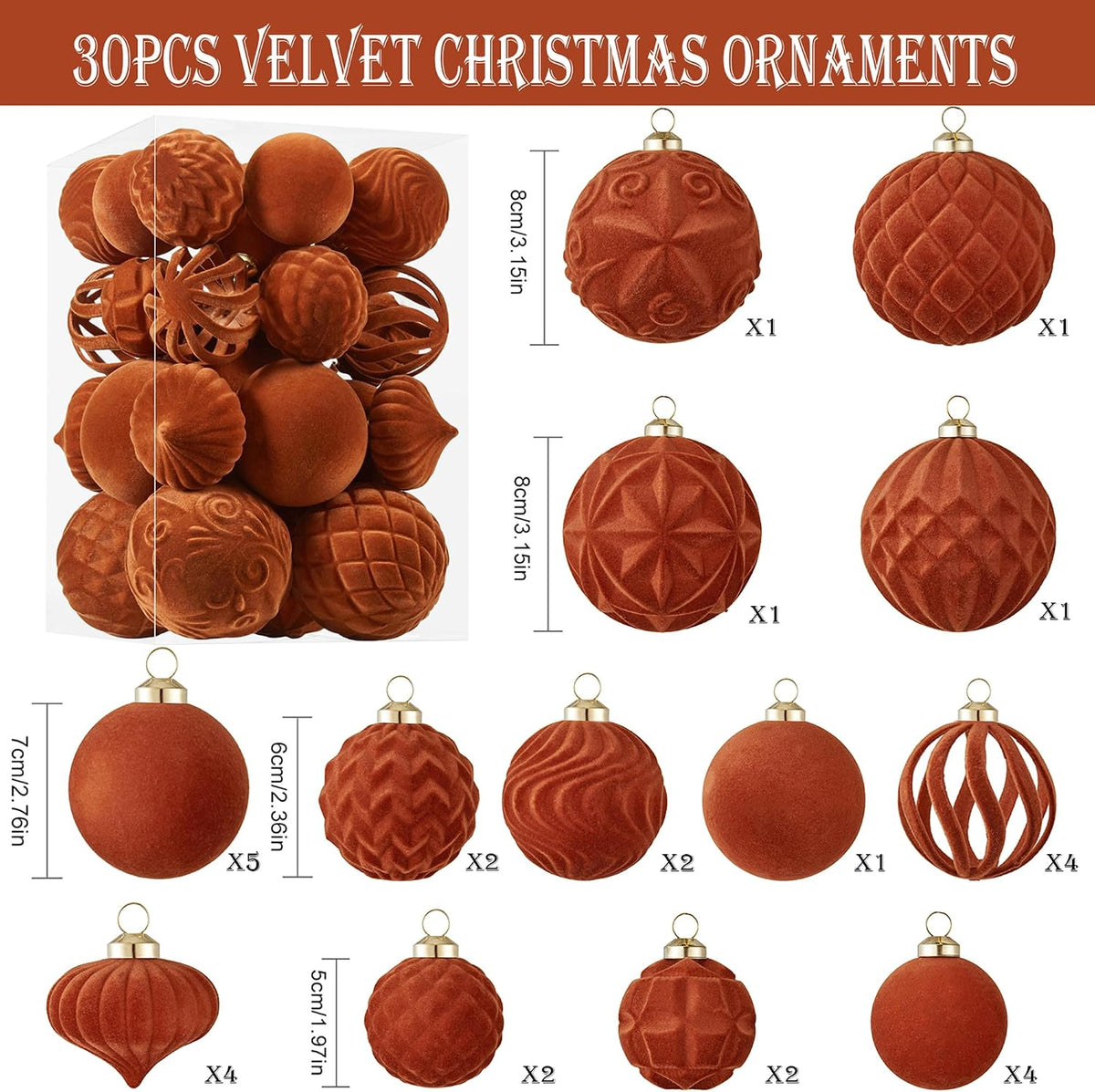 30pcs Velvet Christmas Ball Ornaments, Flocked Shatterproof Christmas Ornaments Hanging Xmas Tree Decorations Set for Home Party Holiday Decor (Multi-Size, Orange)