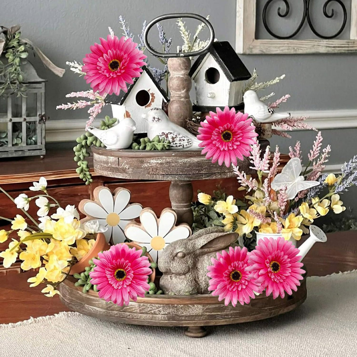 20 Pcs Fake Silk Gerbera Daisy Artificial Flowers with Stems Faux Daisies Flower Bulk for DIY Art Crafts Home Wedding Party Vase Centerpieces Tables Garland Wreath Decoration (Pink)