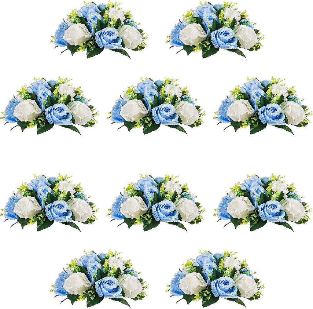10Pcs Artificial Rose Balls for Centerpieces (Blue & White)
