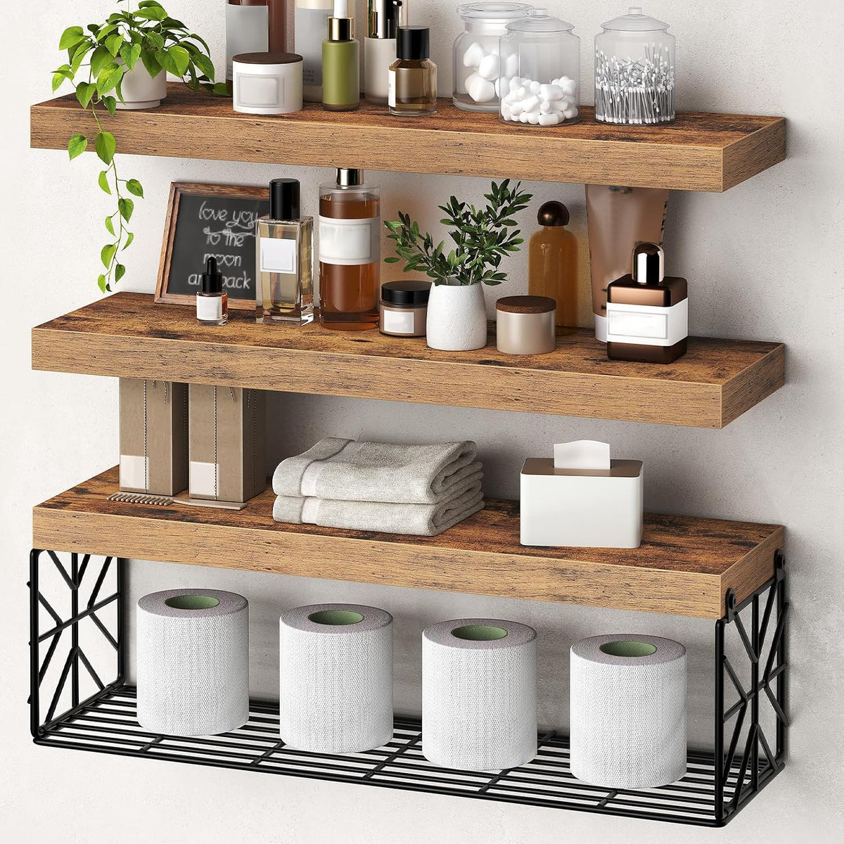 RALGEND Floating Shelves for Wall, 23.6" Wall Mounted Shelves Set of 3, 1.5" Thick Hanging Shelf Storage, Farmhouse Decor for Bathroom, Toilet, Bedroom, Living Room, Kitchen, Rustic Brown 6001BJBF