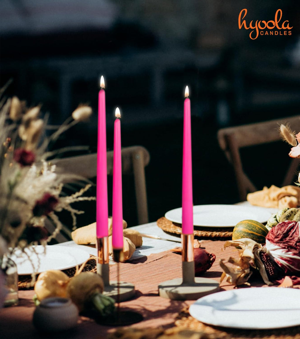 Hyoola 12 Pack Tall Taper Candles - 12 Inch Hot Pink Fuschia Dripless, Unscented Dinner Candle - Paraffin Wax with Cotton Wicks - 10 Hour Burn Time
