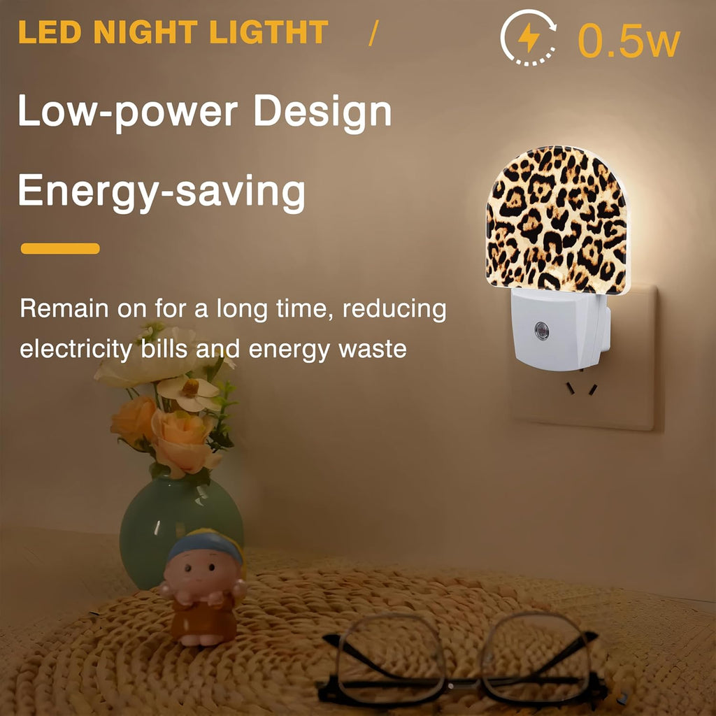 Cheetah Night Lights Plug into Wall Leopard Print Night Light Dusk to Dawn Smart Sensor Decorative Round Led Lamp for Bedroom Kitchen Hallway Nightlight for Women Men