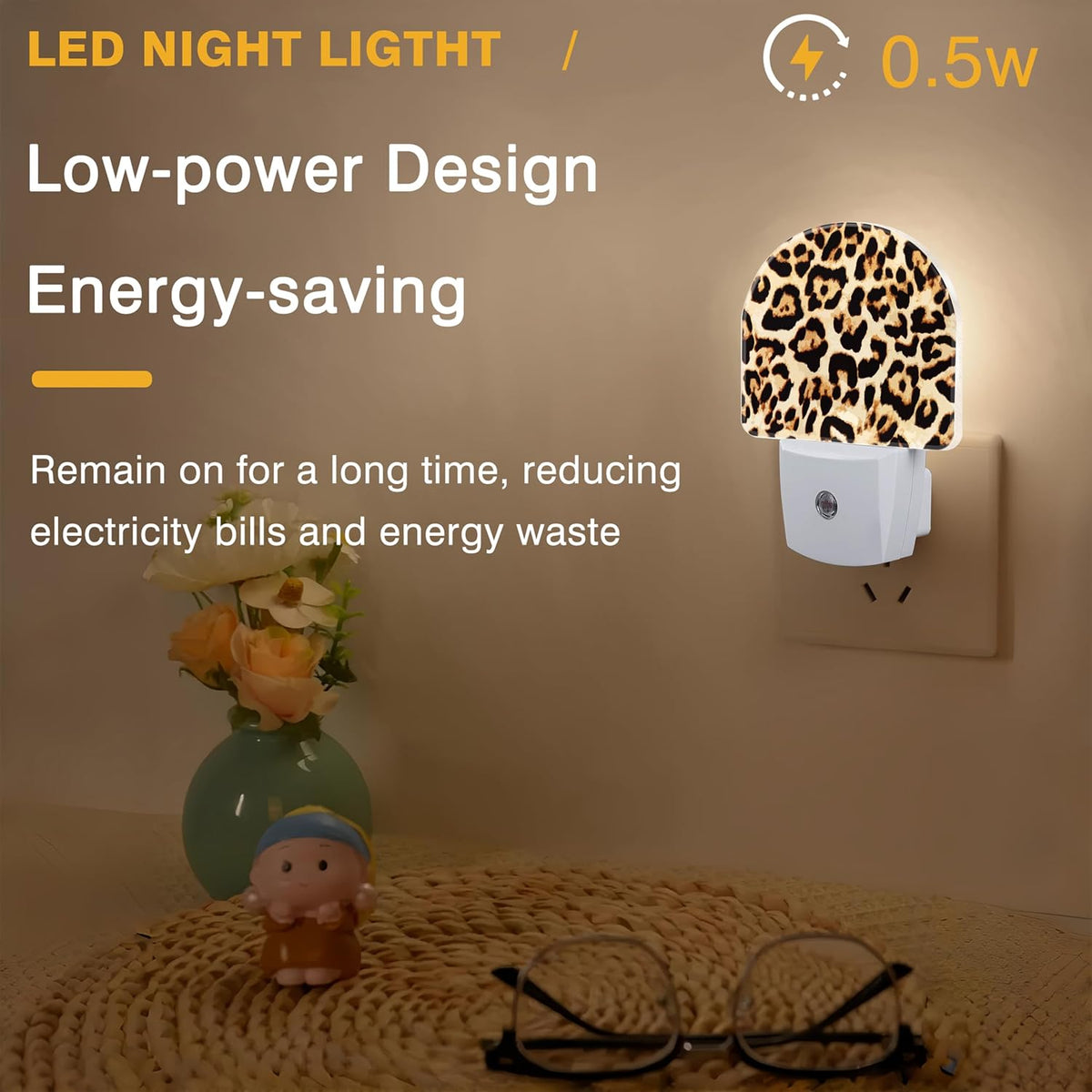 Cheetah Night Lights Plug into Wall Leopard Print Night Light Dusk to Dawn Smart Sensor Decorative Round Led Lamp for Bedroom Kitchen Hallway Nightlight for Women Men