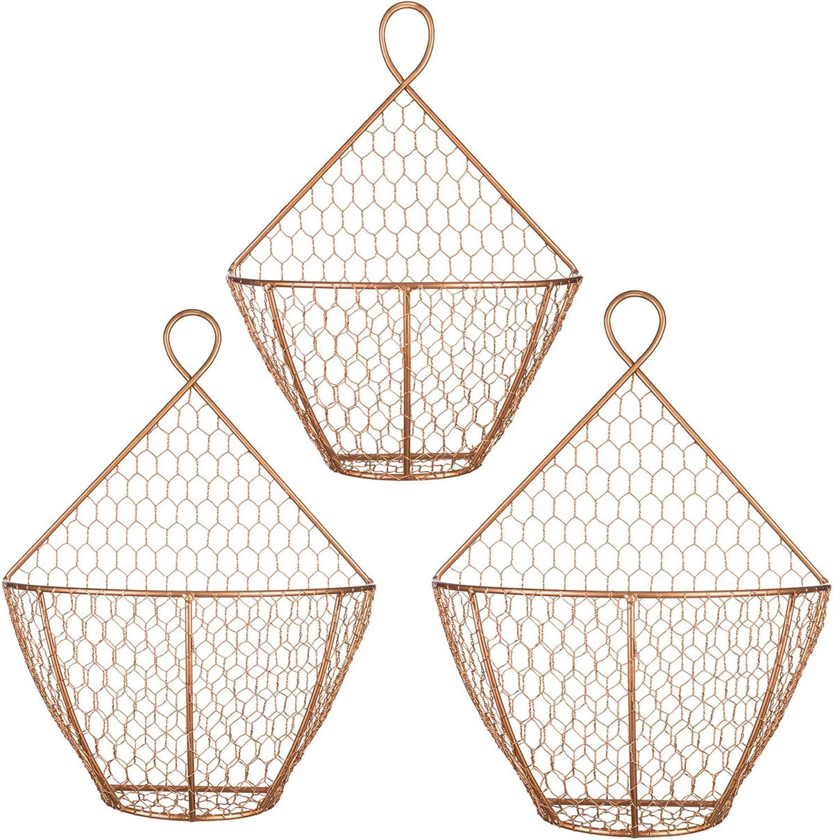 MyGift Set of 3, Farmhouse Copper Metal Wire Mesh Wall Hanging Baskets, Wall-Mounted Storage Basket, Decorative Kitchen Fruit Wall Basket Produce Holder