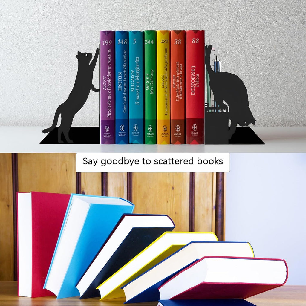 Cat Metal Bookends with Pen Holder, Cute Book Ends for Shelves Decorative