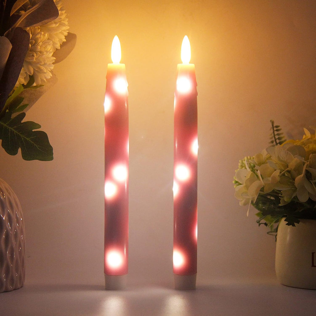 Flameless Flickering Taper Candles Battery Operated with Embedded String Lights, wtih Timer and Remote, LED Real Wax Tapered Dinner Candle Set of 2 (Pink)