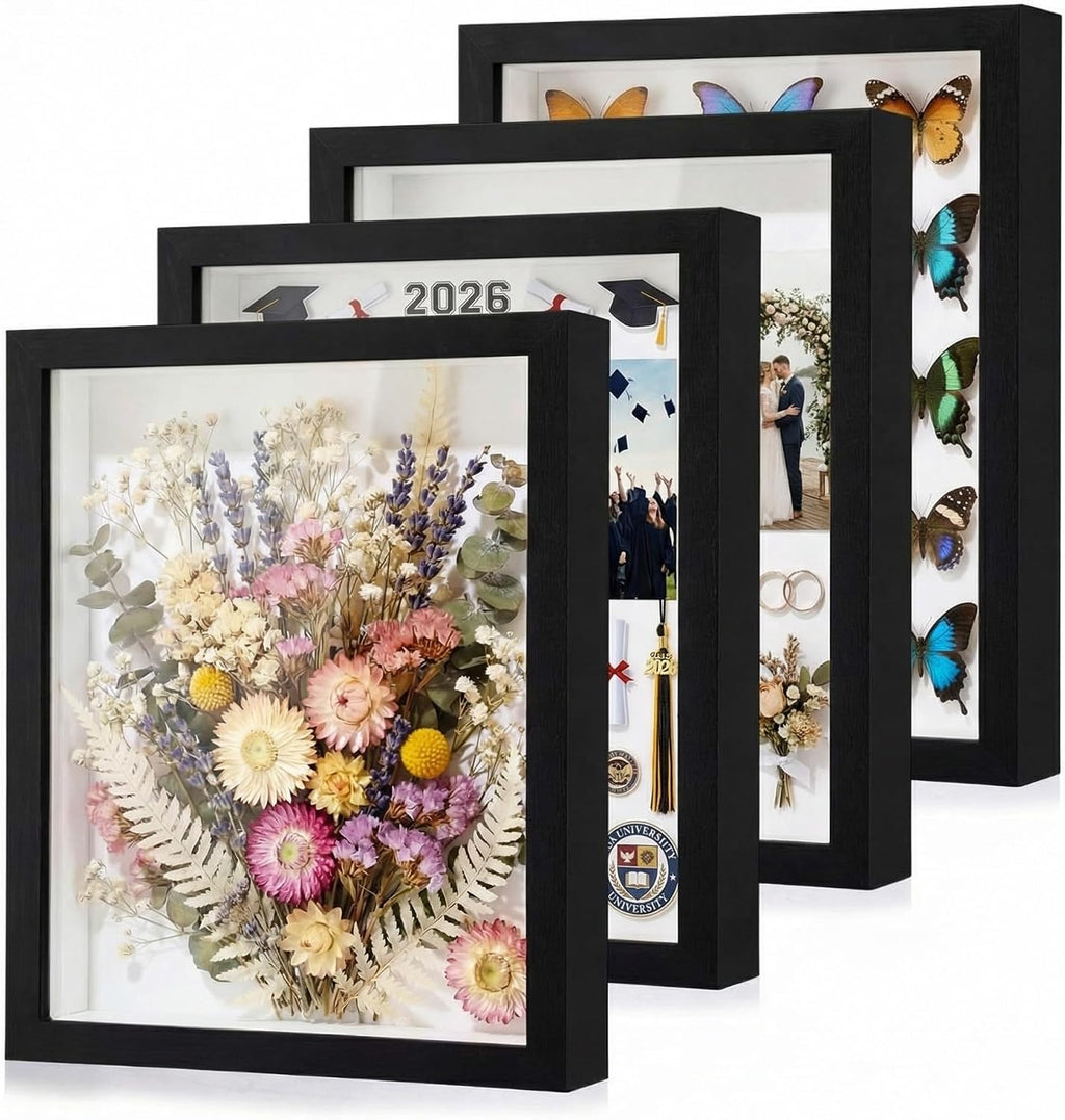 4 Pack 8x10 Shadow Box Frames, Black Display Case with Felt Back