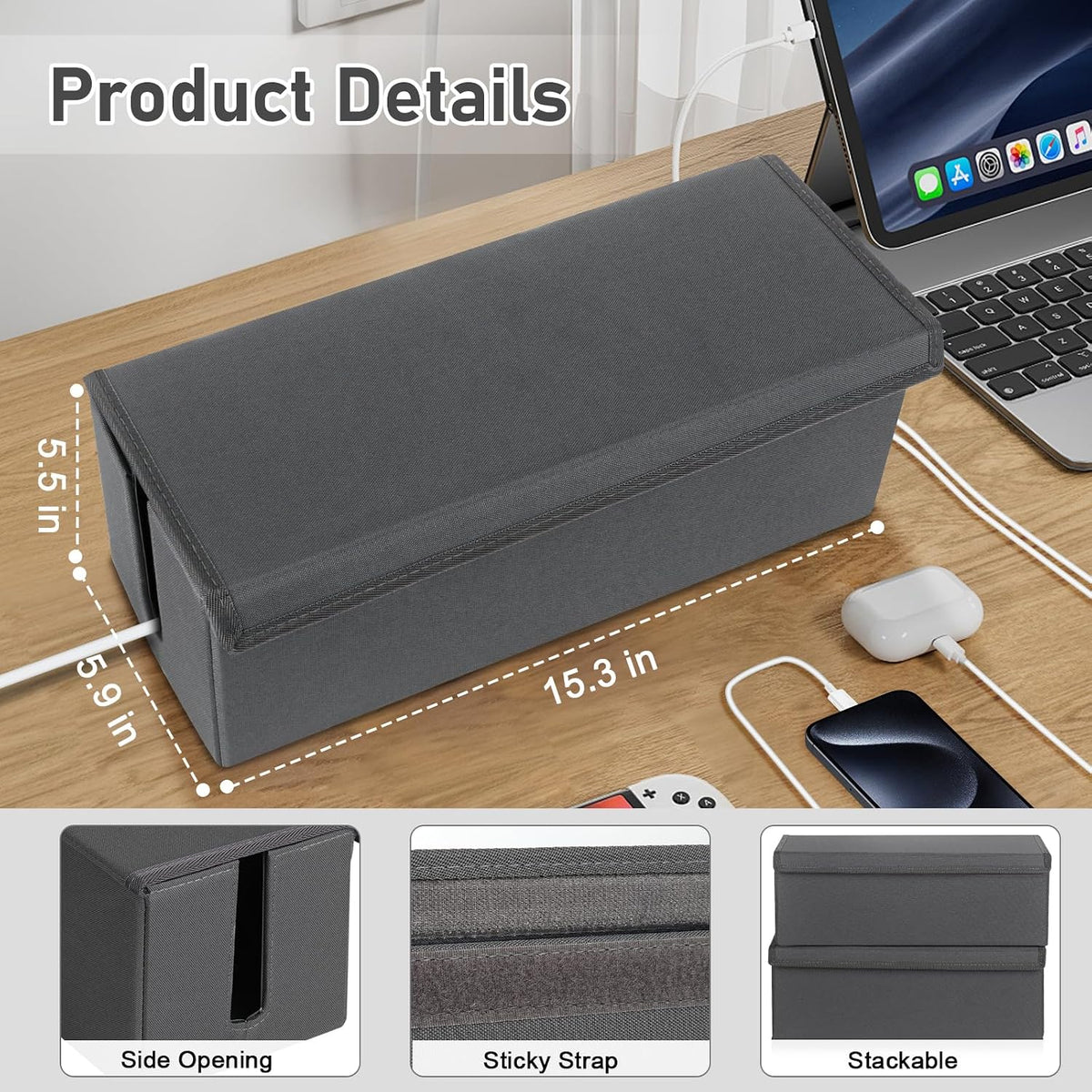 2 Pack Cable Management Box, Fabric Cord Hider Box with Lid,Cord Storage Box for Power Strip,TV Wires, Computer, Router, USB Hub,Under Desk Cord Organizer, Desk Cable Storage