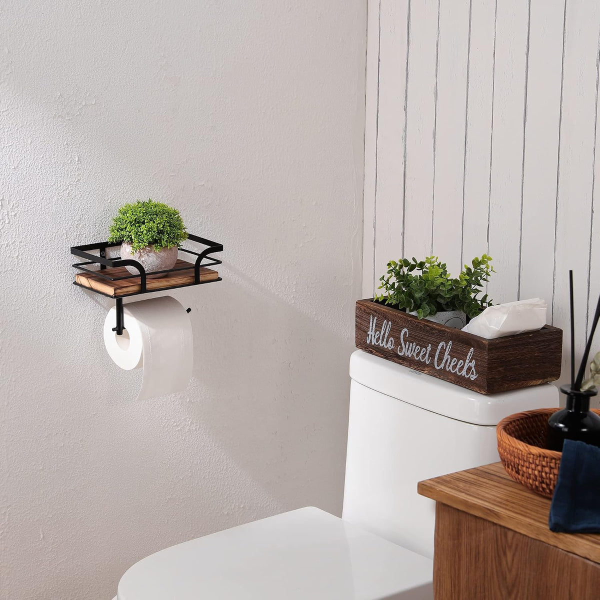 Toilet Paper Holder with Shelf - Farmhouse Bathroom Rustic Country Decor