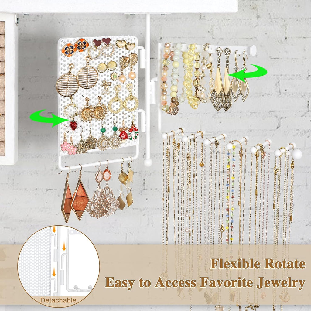SOLIMINTR Hanging Jewelry Organizer Wall Mount with Rustic Wood Shelf, Ring Display Box, Ear Studs Earring Holder, Rotating Necklace Holder Organizer White