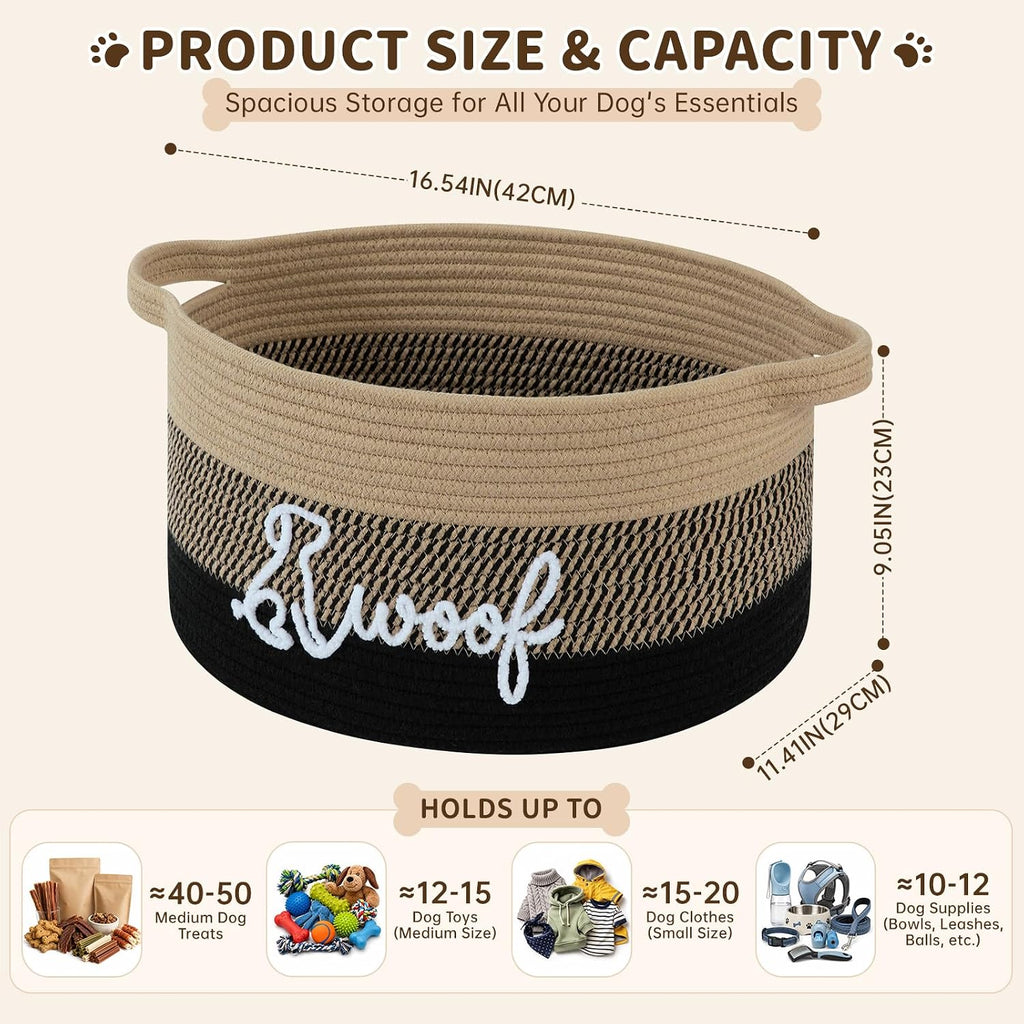 OIAHOMY 22L Large Dog Toy Basket, 16.5"x11.4"x9" Cotton Rope Basket with Cute Woof Embroidery, Soft Woven Pet Toy Box with Handles for Blankets, Leashes & Puppy Accessories, Yellow Black
