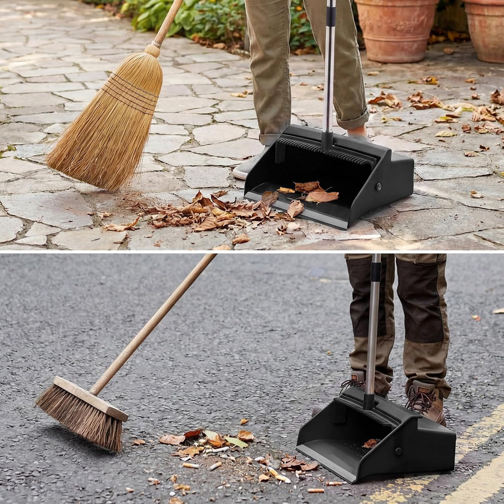 Didaey 1 Pcs Commercial Dustpan with Comb 38” Long Handle Upright Heavy Duty Dust Pan Outdoor Indoor for Courtyards Garages Lobby Mall Market Market Floors Office Pet Hair Rubbish Cleaning (Black)