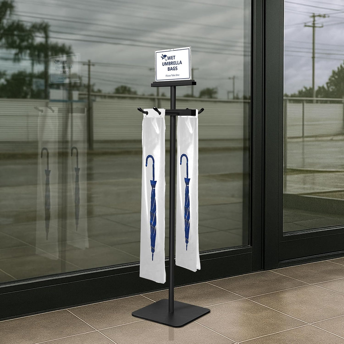 Wet Umbrella Bag Stand with Free 200 Large Plastic Disposable Bags, Black