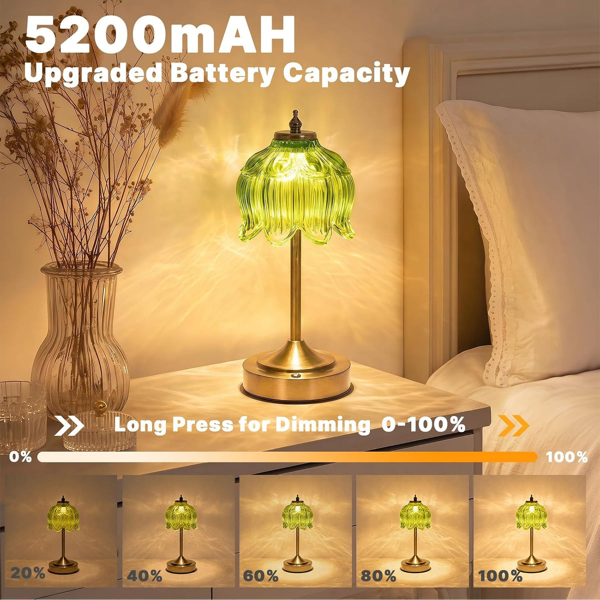 Lotus Flower Lamp Cordless Rechargeable Table Lamp 5200mAh Battery Operated Portable Desk Lamp 3 Color Modes Touch Control Stepless Dimmable for Nightstand Bedroom Desk Office Kitchen