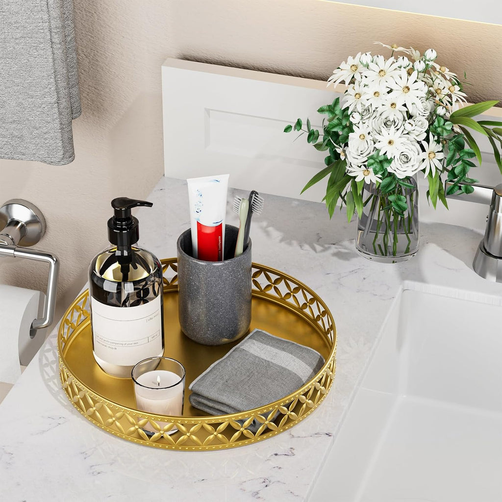 Vanity Tray for Bathroom Counter - 11 Inch Round Gold Decorative Tray
