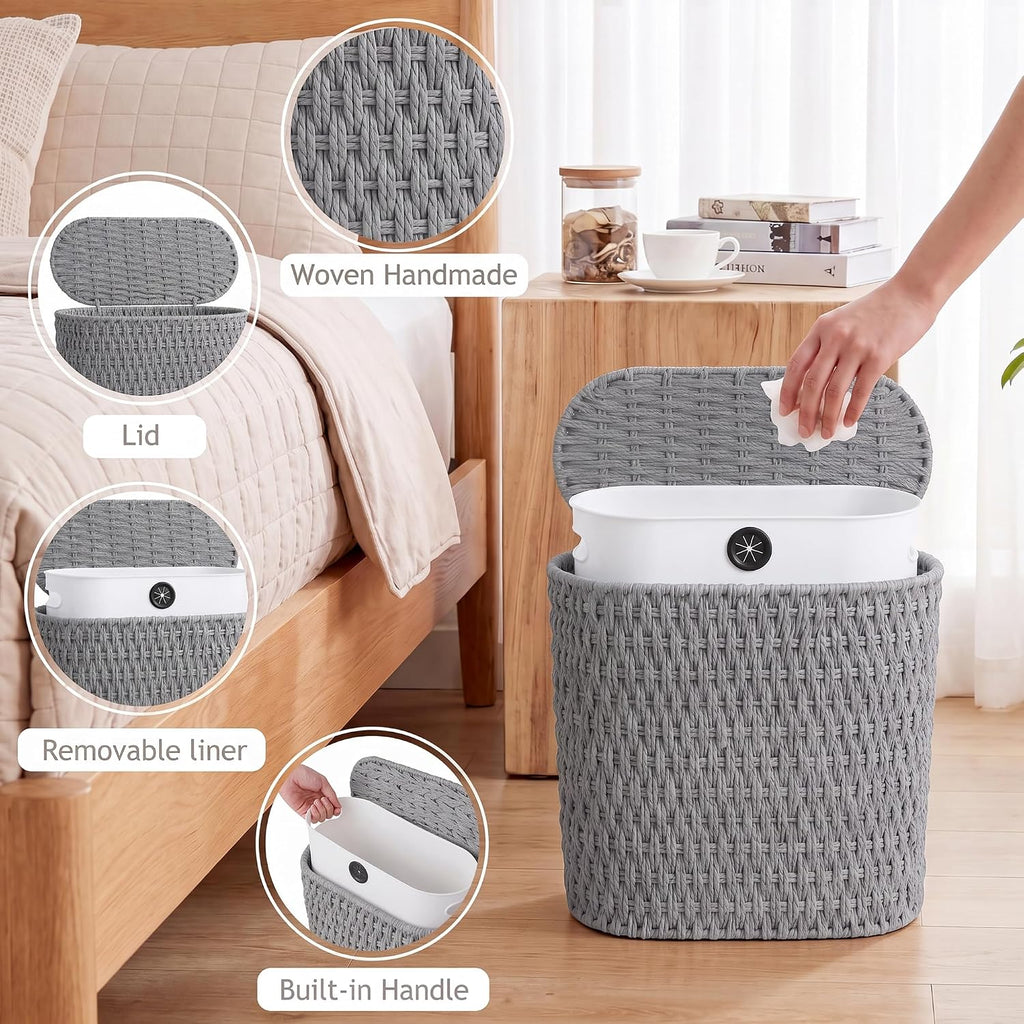 iEGrow 3 Gallon Paper Rope Trash Can,Bathroom Trash Can with Lid Gray