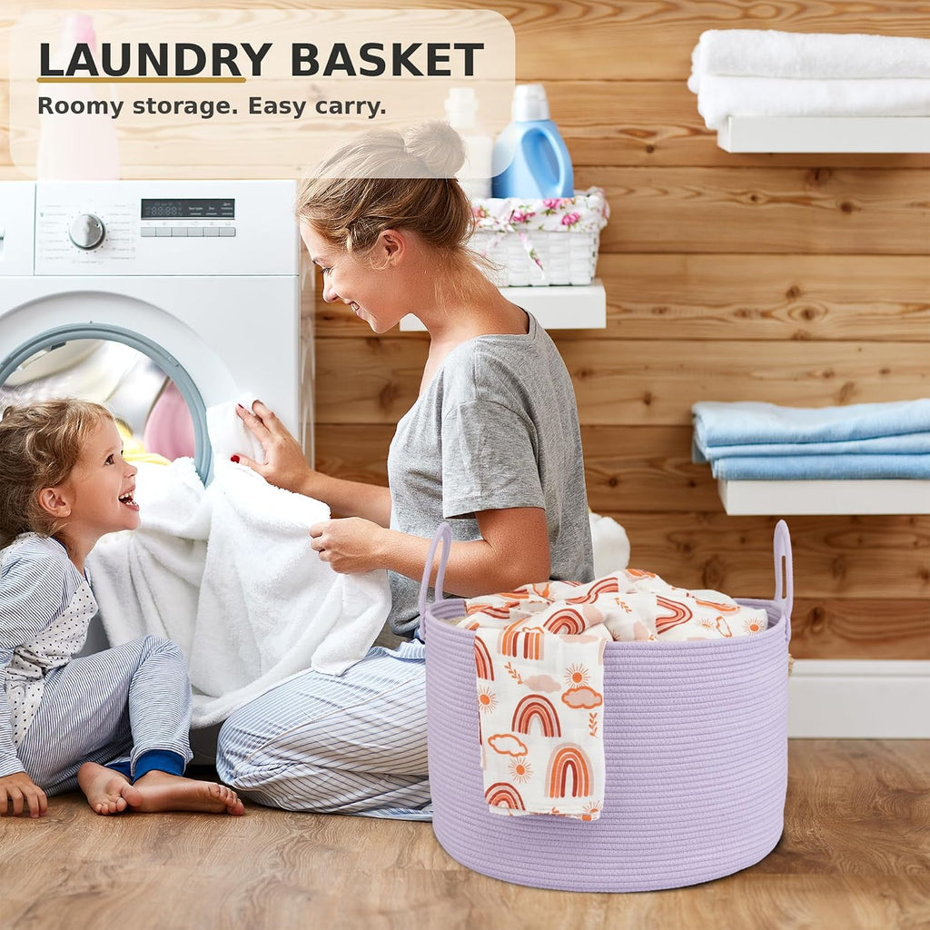XUANGUO 66L Large Blanket Basket, Round Cotton Rope Basket, Purple