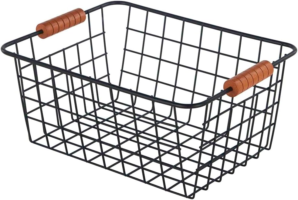 JUNCHU CHERRY Wire Kitchen Storage Basket with Wooden Handle 4 Packs,Black