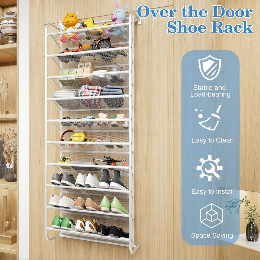 AQQHSAIN 10 Tier Over The Door Shoe Organizer Wall Shoe Shelf Shoe Holder Door Shoe Rack for Closet Pantry Hanging Shoes Clothes Toys Storage Shelves (White)