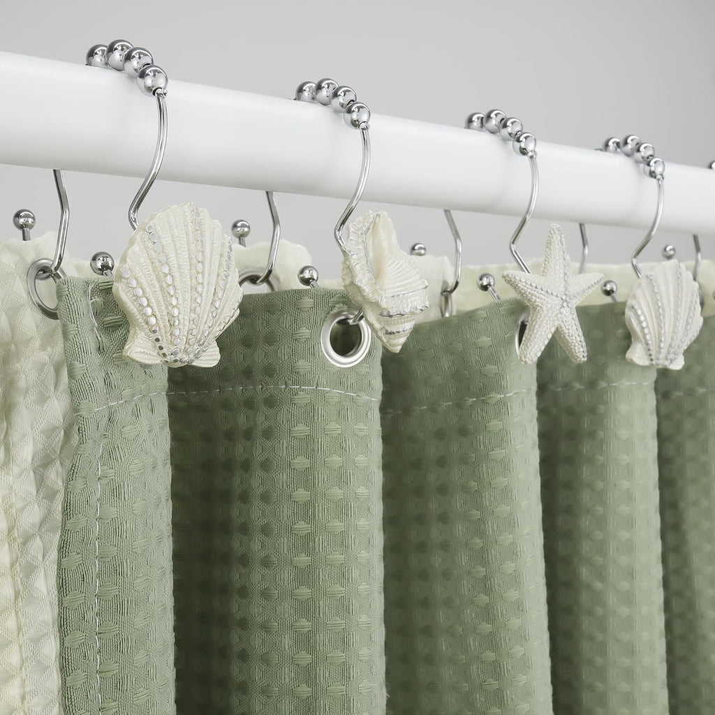 Shower Curtain Hooks Rings, 12PCS Pearl Shine Seashell Shower Rings, Anti Rust Decorative Double Glide Shower Hooks for Beach Bathroom, Baby Room, Bedroom, Living Room Décor
