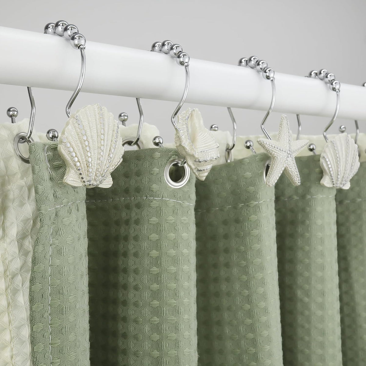 Shower Curtain Hooks Rings, 12PCS Pearl Shine Seashell Shower Rings, Anti Rust Decorative Double Glide Shower Hooks for Beach Bathroom, Baby Room, Bedroom, Living Room Décor