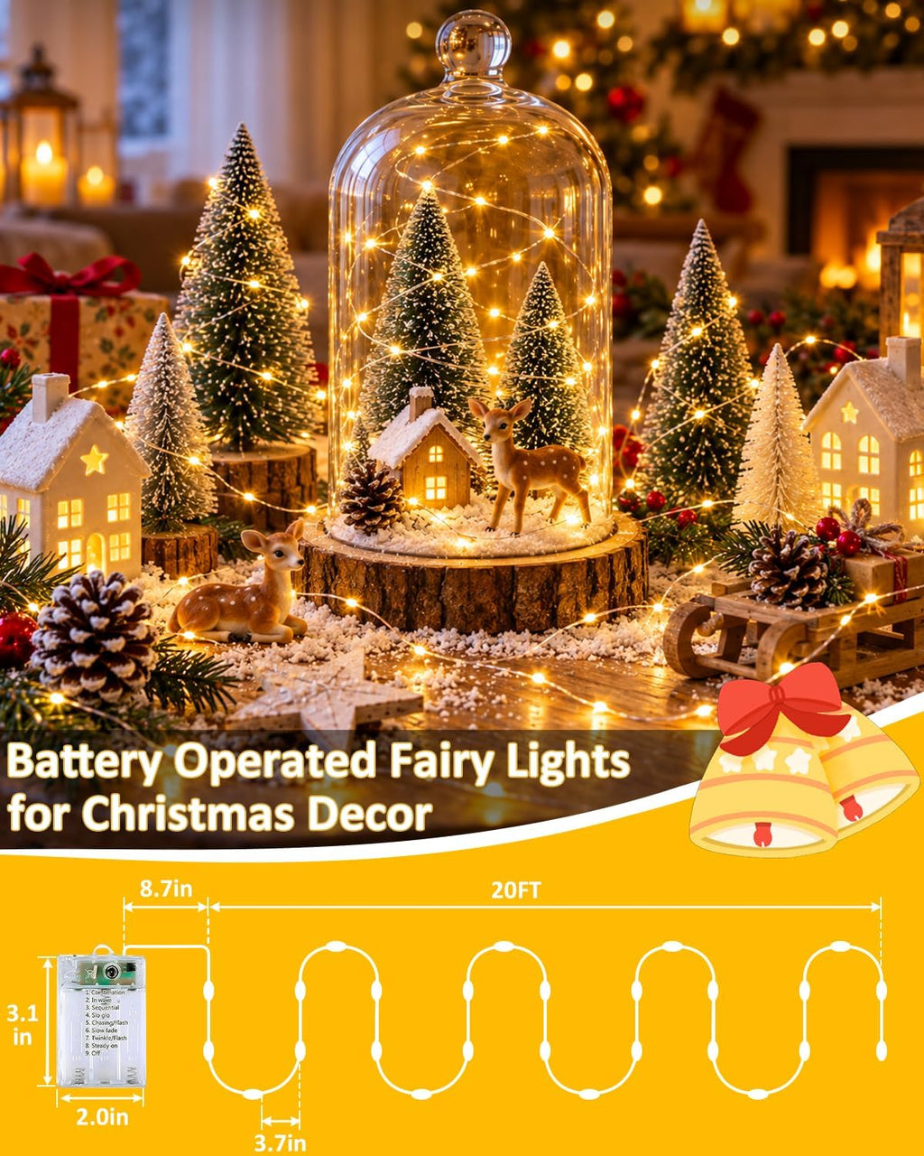 8 Pack 60 LED Fairy Lights Battery Operated with Remote, 20 FT Warm White