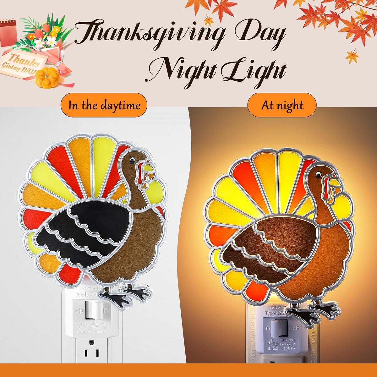 Meonum Thanksgiving Turkey Night Light Plugs into Wall, Powered by C7 LED Bulbs, 360 Degree Rotatable Plug, Bright Holiday Decorative Night Light for Home Bedroom Bathroom Kitchen Corridor Hallway