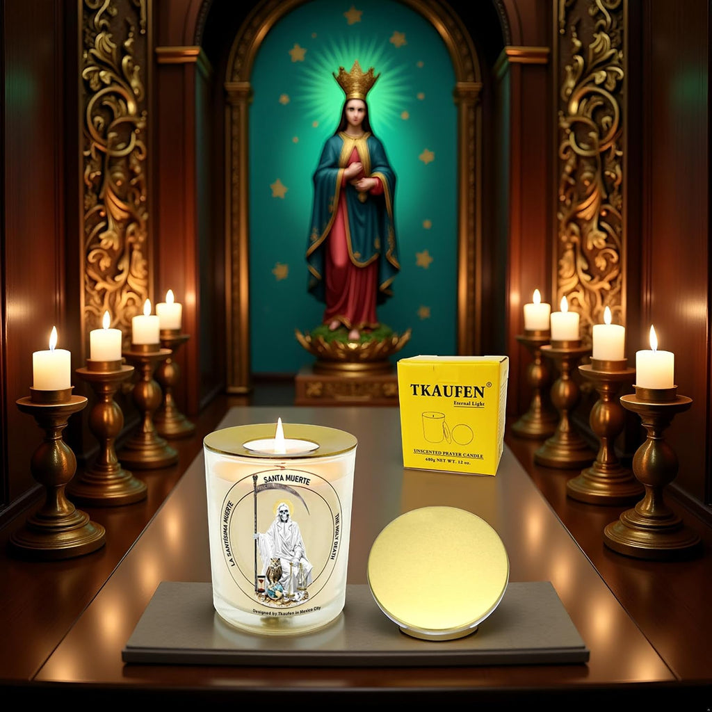 White Santa Muerte Unscented Prayer Soy Candle 50H with Warmer Ring