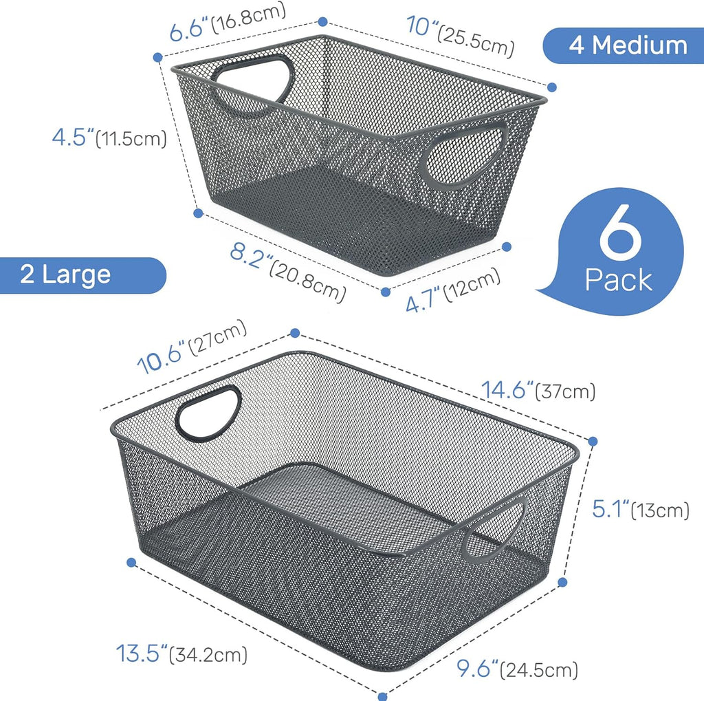 Neudeco Wire Storage Baskets - 6 Pack Metal Mesh Organizers for Kitchen, Laundry, Garage, Fridge & Bathroom - Gray