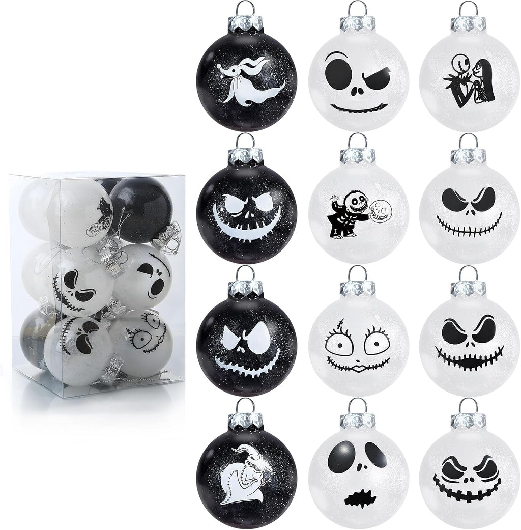 Nightmare Christmas Ball Ornaments Set, Skull Pattern Jack White and Black Xmas Tree Decorations, Plastic Shatterproof Hanging Balls Halloween Decor, 2.36”/60mm (12, White and Black)