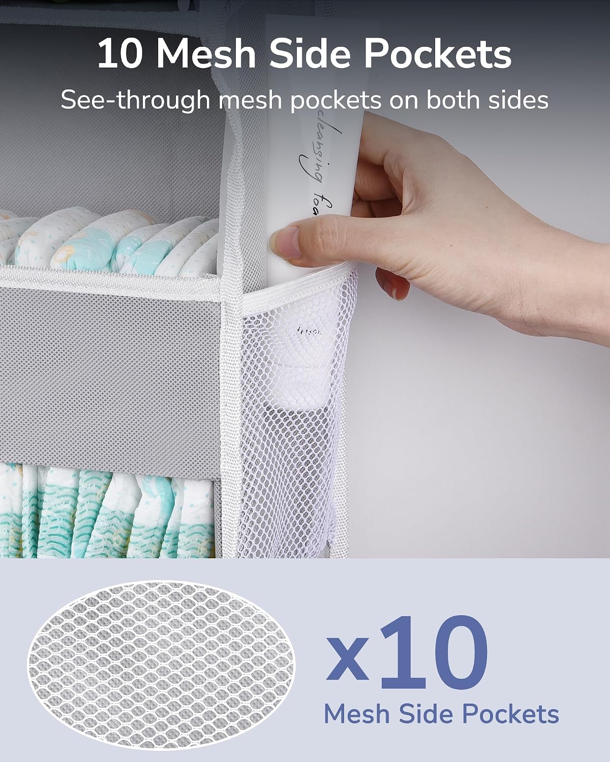 ULG 1 Pack Over Door Organizer with 5 Large Pockets 10 Mesh Side Pockets, 44 lbs Weight Capacity Hanging Storage Organizer with Clear Window for Kids Toys, Shoes, Diapers, Grey, 5 Layer