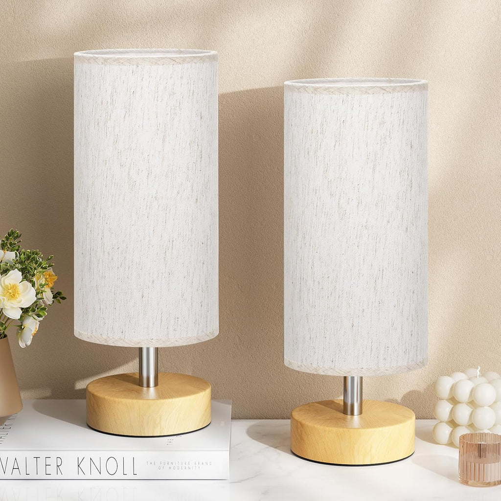 Table Lamps Set of 2 （Cream Shade - Wood Base, 11.6" Inline Control）