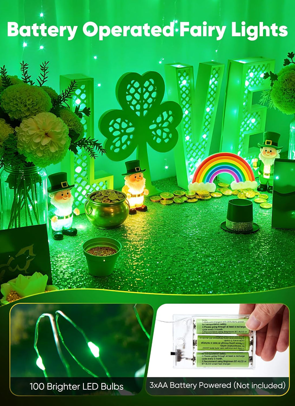 Minetom 33FT 100LED Fairy Lights Battery Operated, Green String Lights