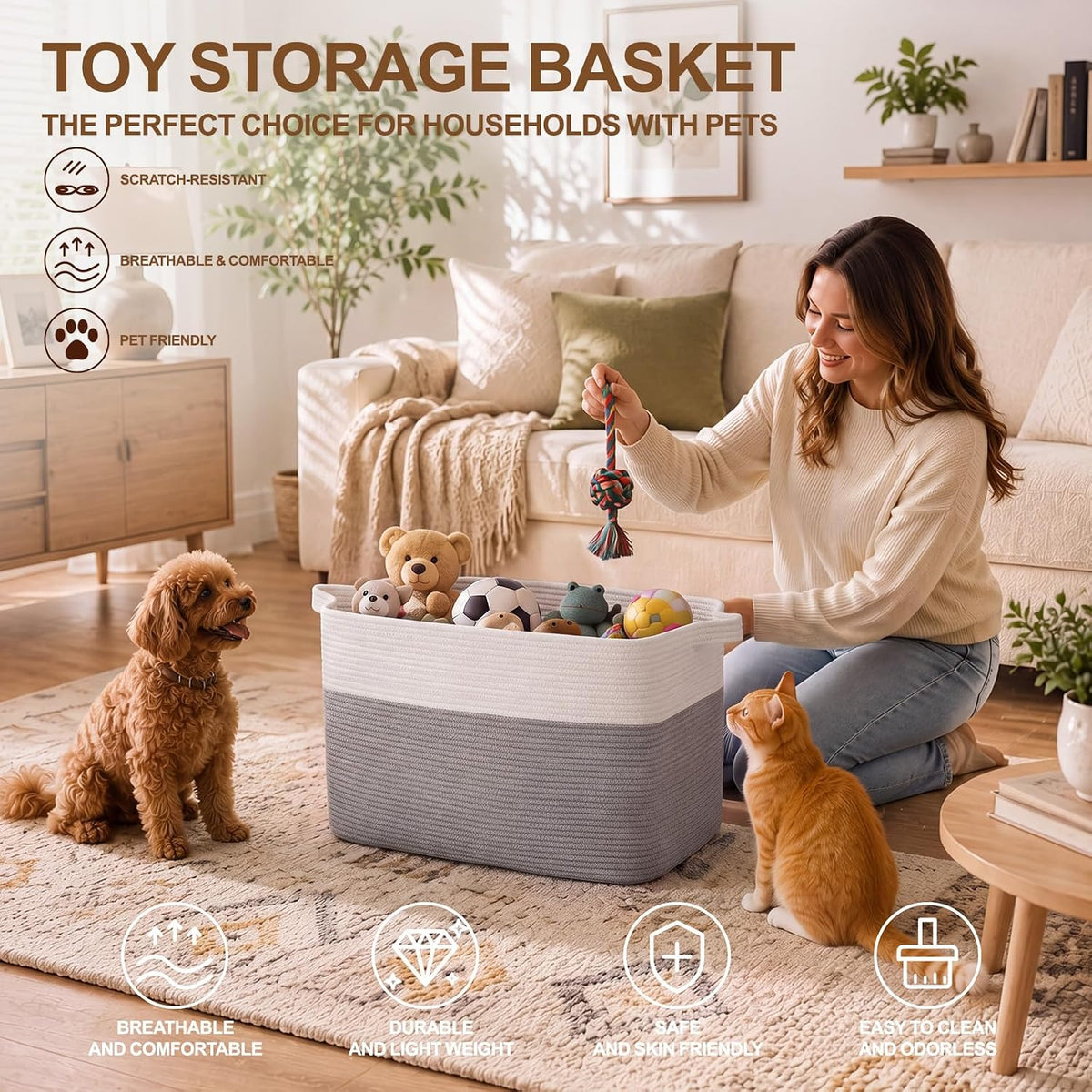 OIASKET Blanket Basket for Living Room, Cotton Rope Basket for Storage, Toy Baskets Bin for kids, Woven Baskets with Handles for Clothes, Towels, Pillows, 20" x 16" x 12", Grey and White
