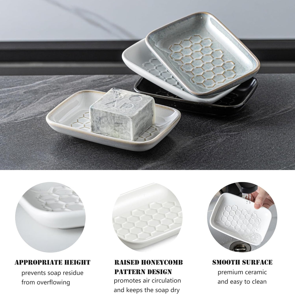 Gomakren Ceramic Soap Dish for Shower, Honeycomb Soap Tray 5.5 Inch, White