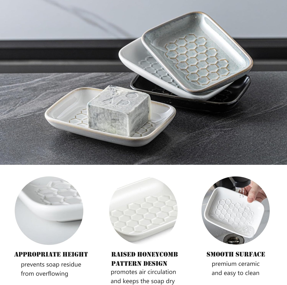 Gomakren Ceramic Soap Dish for Shower, Honeycomb Soap Tray 5.5 Inch, White