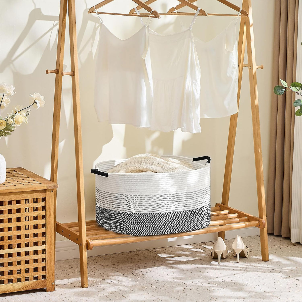 Large Blanket Basket, 75L Woven Rope Storage Basket 22x17x12 in
