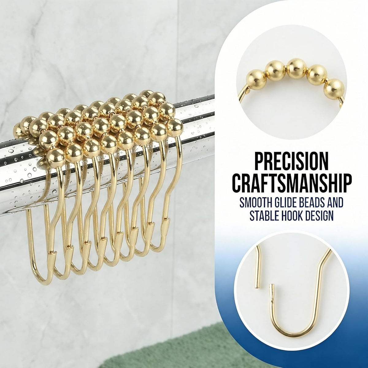 Shower Curtain Hooks Rings, Rustproof Metal Shower Curtain Rings for Bathroom Shower Rods Curtains - Set of 12, Golden