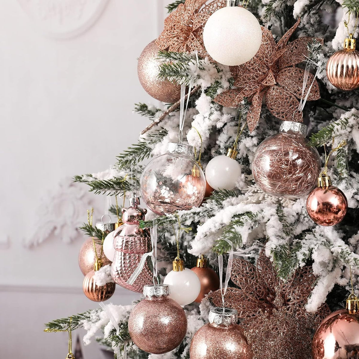 Wironlst Christmas Ball Ornaments Shatterproof Clear Large Plastic Hanging Ball Decorative Baubles Set with Stuffed Delicate Decorations (Multi-Size, Rose Gold)