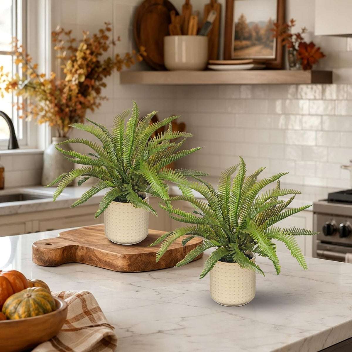 2 Pack Artificial Boston Fern Potted Plants, Small Fall Faux Plant in Pots