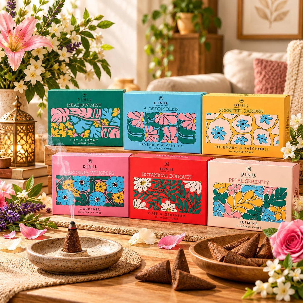 Dinil Floral Incense Cones Variety Pack, 60 Cones, 6 Floral & Herbal Scents