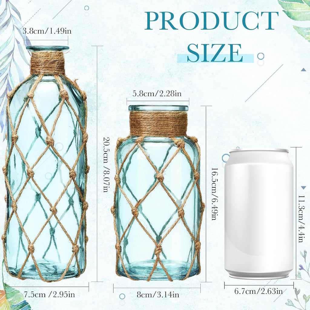 Chuangdi Set of 2 Coastal Glass Flower Vase with Boho Rope, Light Blue
