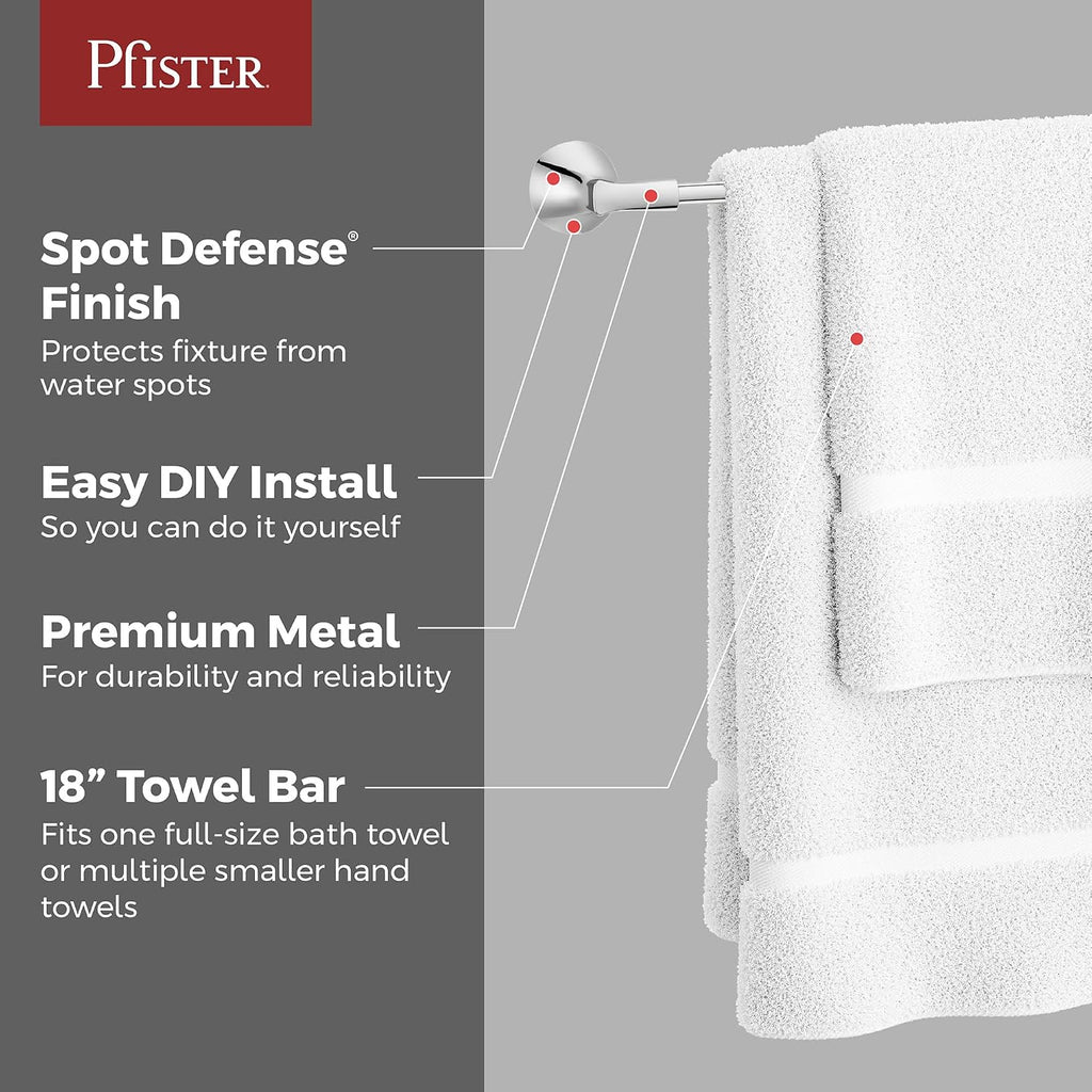 Pfister Willa Bath Towel Bar for Bathroom, 18-Inch, Wall-Mounted, Screw-In, Polished Chrome Finish, BTBWLL1C